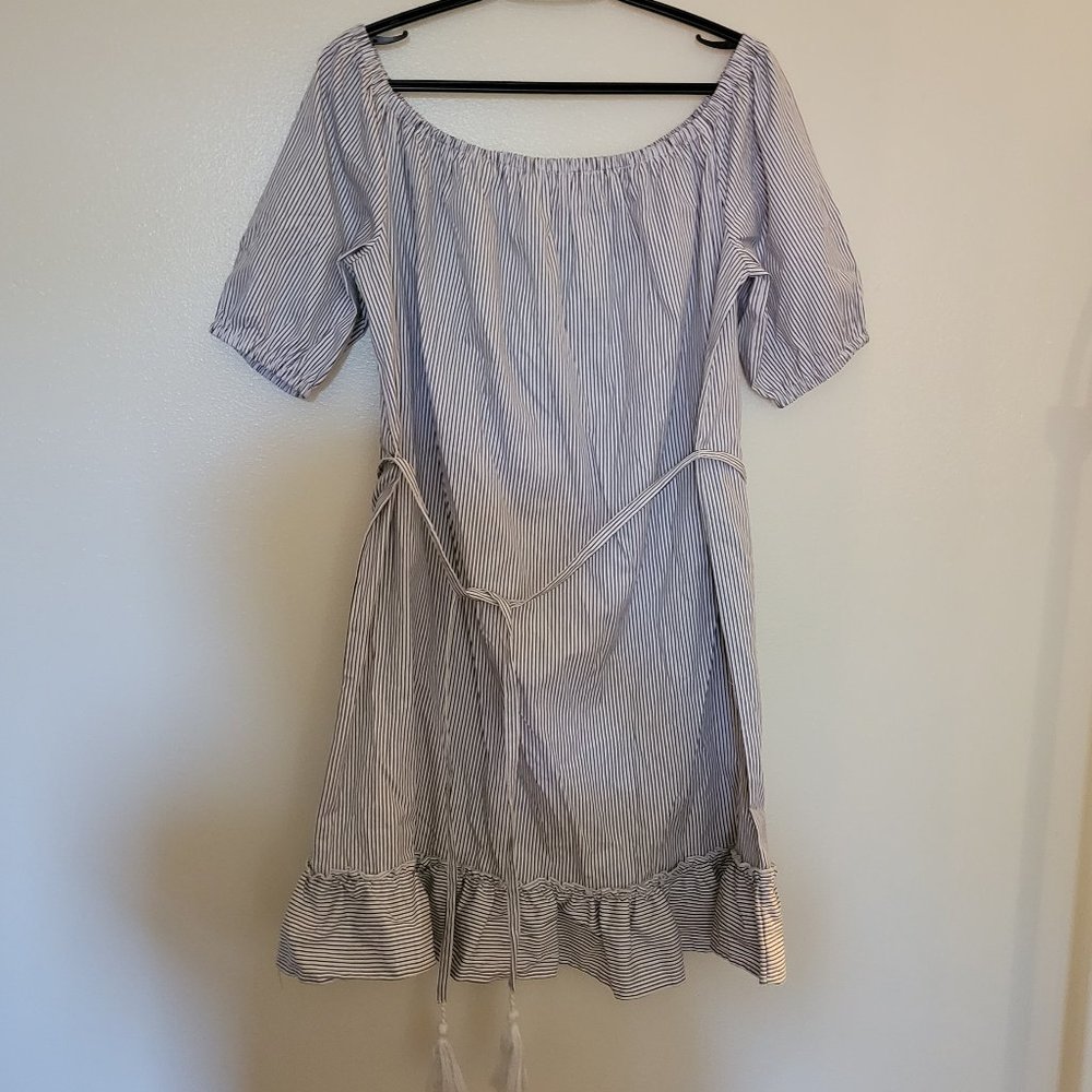 Blue and white striped summer off the shoulder dress